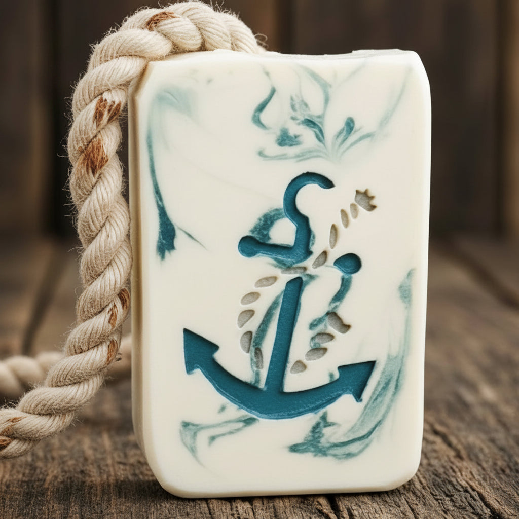 LARGE SOAP STAMP – Anchor and Rope Nautical Marine Design creates LARGE, crisp impressions featuring a classic anchor wrapped in rope, perfect for coastal and ocean‑inspired handmade soaps.

