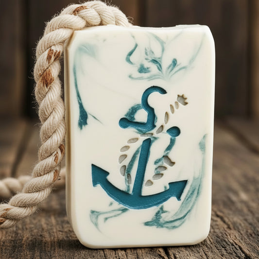 LARGE SOAP STAMP – Anchor and Rope Nautical Marine Design creates LARGE, crisp impressions featuring a classic anchor wrapped in rope, perfect for coastal and ocean‑inspired handmade soaps.
