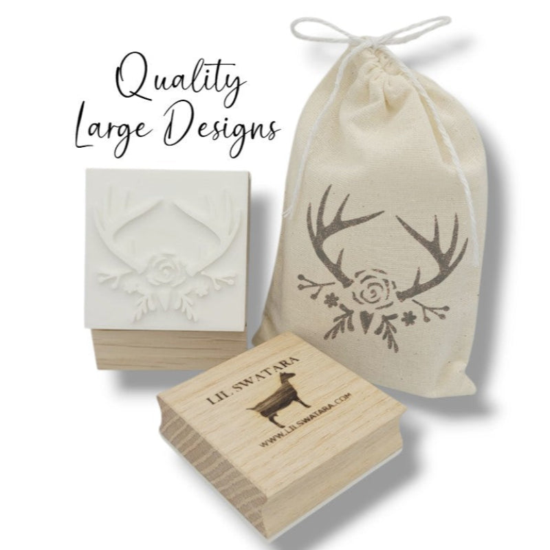LARGE SOAP STAMP – Antlers & Flowers Baby Deer Design creates LARGE, crisp impressions featuring a woodland baby deer with floral antlers, perfect for baby showers, bridal showers, weddings, and botanical handmade soaps.
