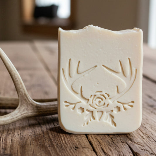 LARGE SOAP STAMP – Antlers & Flowers Baby Deer Design creates LARGE, crisp impressions featuring a woodland baby deer with floral antlers, perfect for baby showers, bridal showers, weddings, and botanical handmade soaps.

