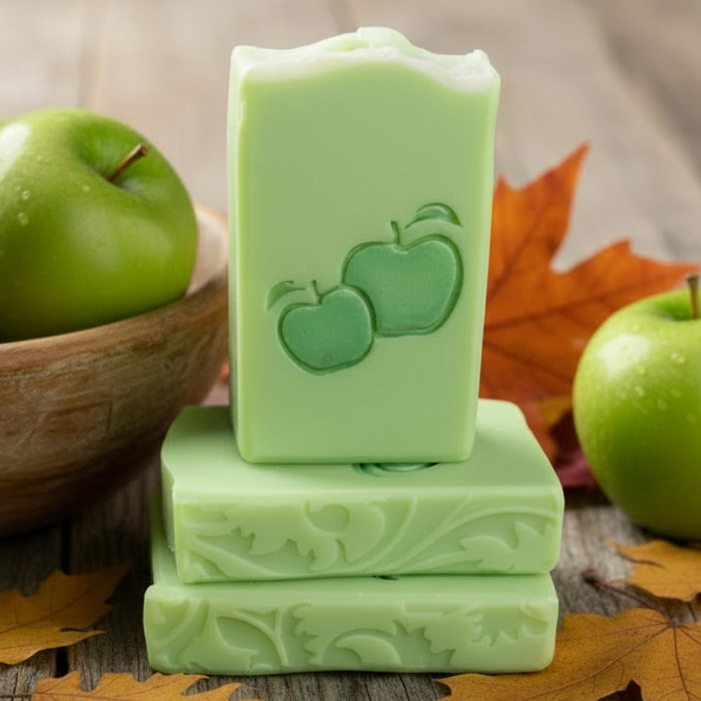 LARGE SOAP STAMP – Apples Fall Autumn Harvest Design creates crisp apple impressions for fall and autumn handmade soaps.
