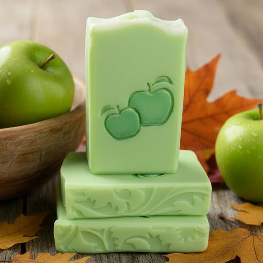 LARGE SOAP STAMP – Apples Fall Autumn Harvest Design creates crisp apple impressions for fall and autumn handmade soaps.
