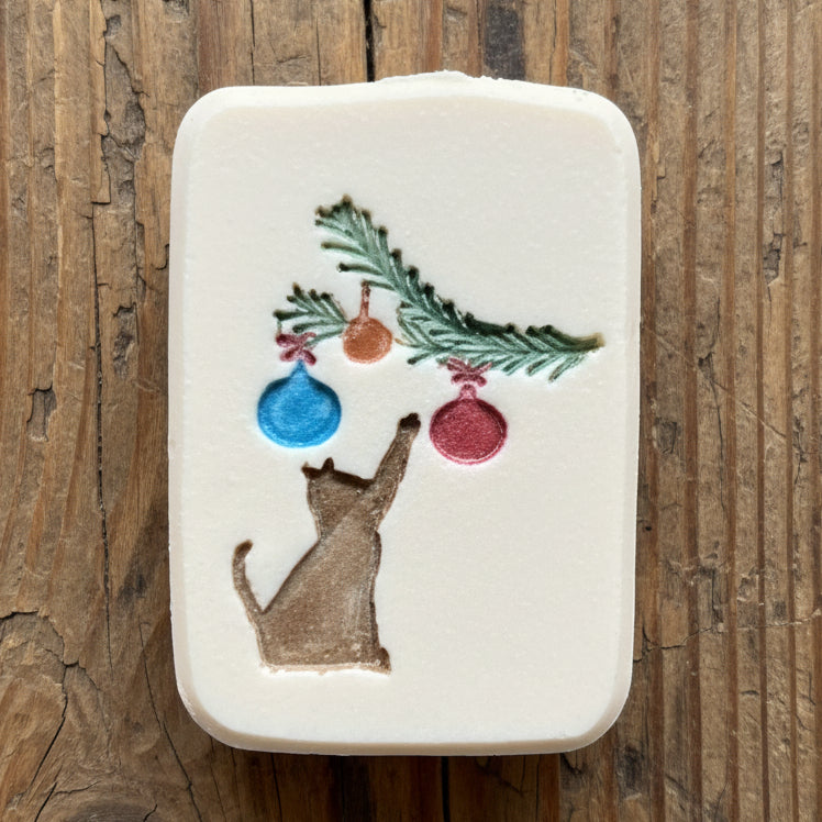 LARGE SOAP STAMP – Cat Paw Christmas Tree Design creates LARGE, crisp impressions featuring a cat pawing at a Christmas tree, perfect for festive and pet‑lover handmade soaps.
