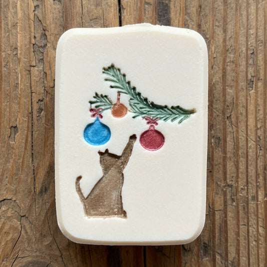LARGE SOAP STAMP – Cat Paw Christmas Tree Design creates LARGE, crisp impressions featuring a cat pawing at a Christmas tree, perfect for festive and pet‑lover handmade soaps.

