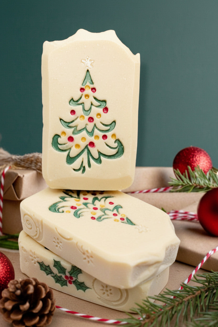 LARGE SOAP STAMP – Christmas Tree with Ornaments Holiday Design creates crisp festive impressions featuring a classic ornamented Christmas tree for holiday handmade soaps.
