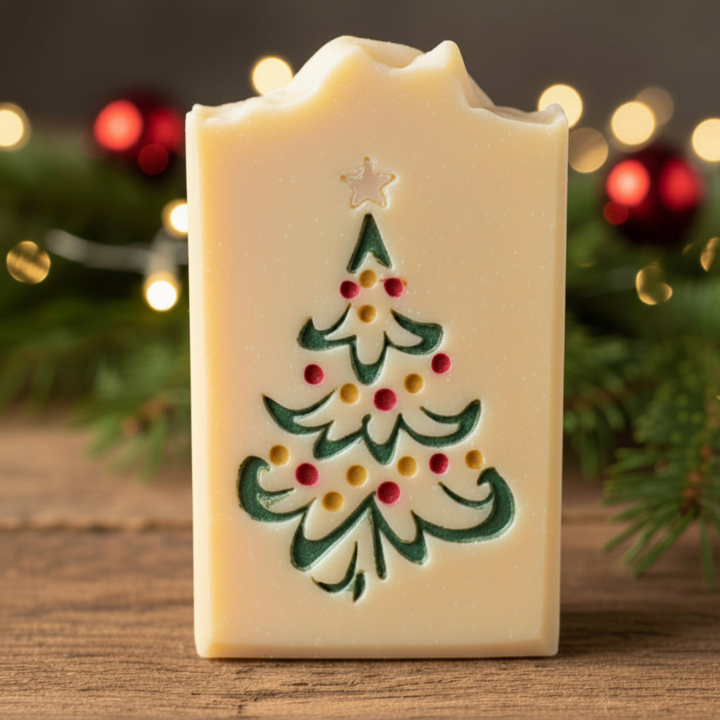 LARGE SOAP STAMP – Christmas Tree with Ornaments Holiday Design creates crisp festive impressions featuring a classic ornamented Christmas tree for holiday handmade soaps.
