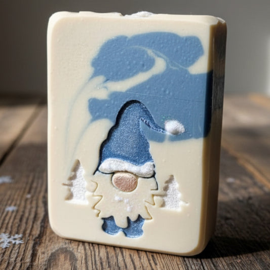 LARGE SOAP STAMP – Gnome and Trees Christmas Winter Design creates LARGE, crisp impressions featuring a woodland gnome among trees, perfect for festive Christmas and winter handmade soaps.
