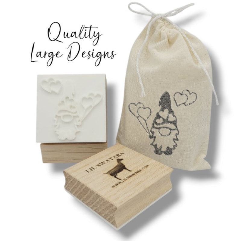 LARGE SOAP STAMP – Gnome Hearts Valentine Design creates LARGE, crisp impressions featuring a valentine gnome holding hearts, perfect for romantic, seasonal, and birthday handmade soaps.
