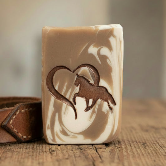 LARGE SOAP STAMP – Horse Heart Equestrian Design creates LARGE, crisp impressions featuring a horse silhouette inside a heart, perfect for equestrian artisan soaps and romantic handmade batches.
