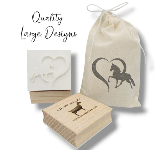 LARGE SOAP STAMP – Horse Heart Equestrian Design creates LARGE, crisp impressions featuring a horse silhouette inside a heart, perfect for equestrian artisan soaps and romantic handmade batches.
