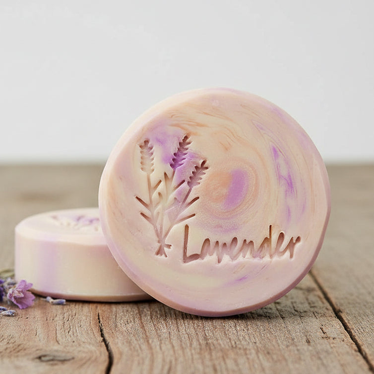 LARGE SOAP STAMP – Lavender Flowers & Lavender Word Botanical Design creates crisp botanical lavender impressions for herb‑inspired handmade soaps.
 