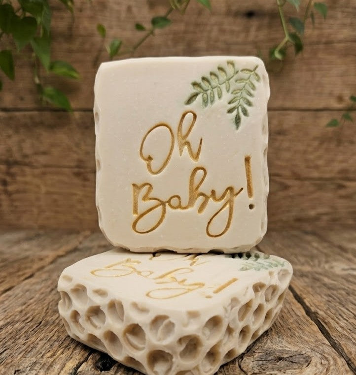 LARGE SOAP STAMP – Oh Baby Shower Newborn Design creates crisp baby‑themed impressions for celebration and newborn handmade soaps.
