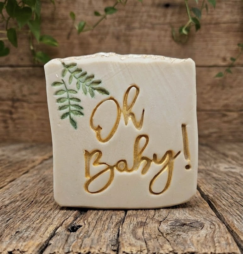 LARGE SOAP STAMP – Oh Baby Shower Newborn Design creates crisp baby‑themed impressions for celebration and newborn handmade soaps.
