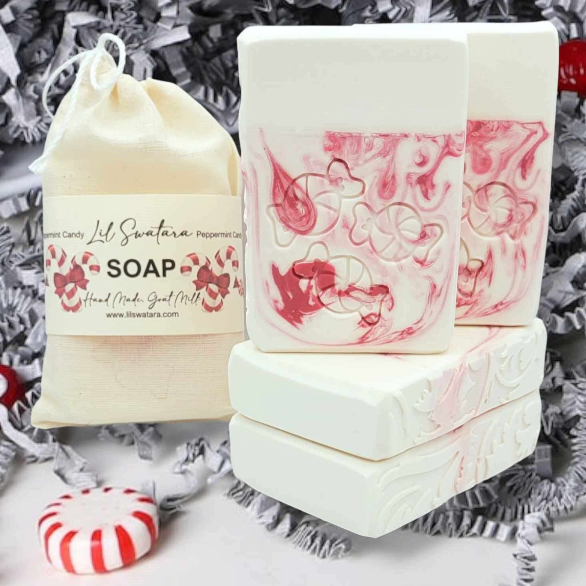 LARGE SOAP STAMP – Peppermint Candies Christmas Design creates LARGE, crisp impressions featuring classic peppermint candies, perfect for festive holiday handmade soaps.
