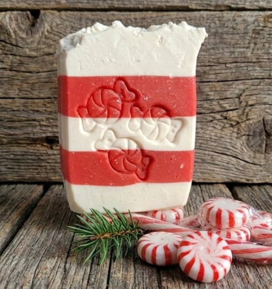 LARGE SOAP STAMP – Peppermint Candies Christmas Design creates LARGE, crisp impressions featuring classic peppermint candies, perfect for festive holiday handmade soaps.
