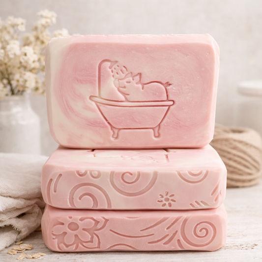 LARGE SOAP STAMP – Pig in Bathtub Farm Design creates LARGE, crisp impressions featuring a playful pig in a bathtub, perfect for whimsical farm and country handmade soaps.
