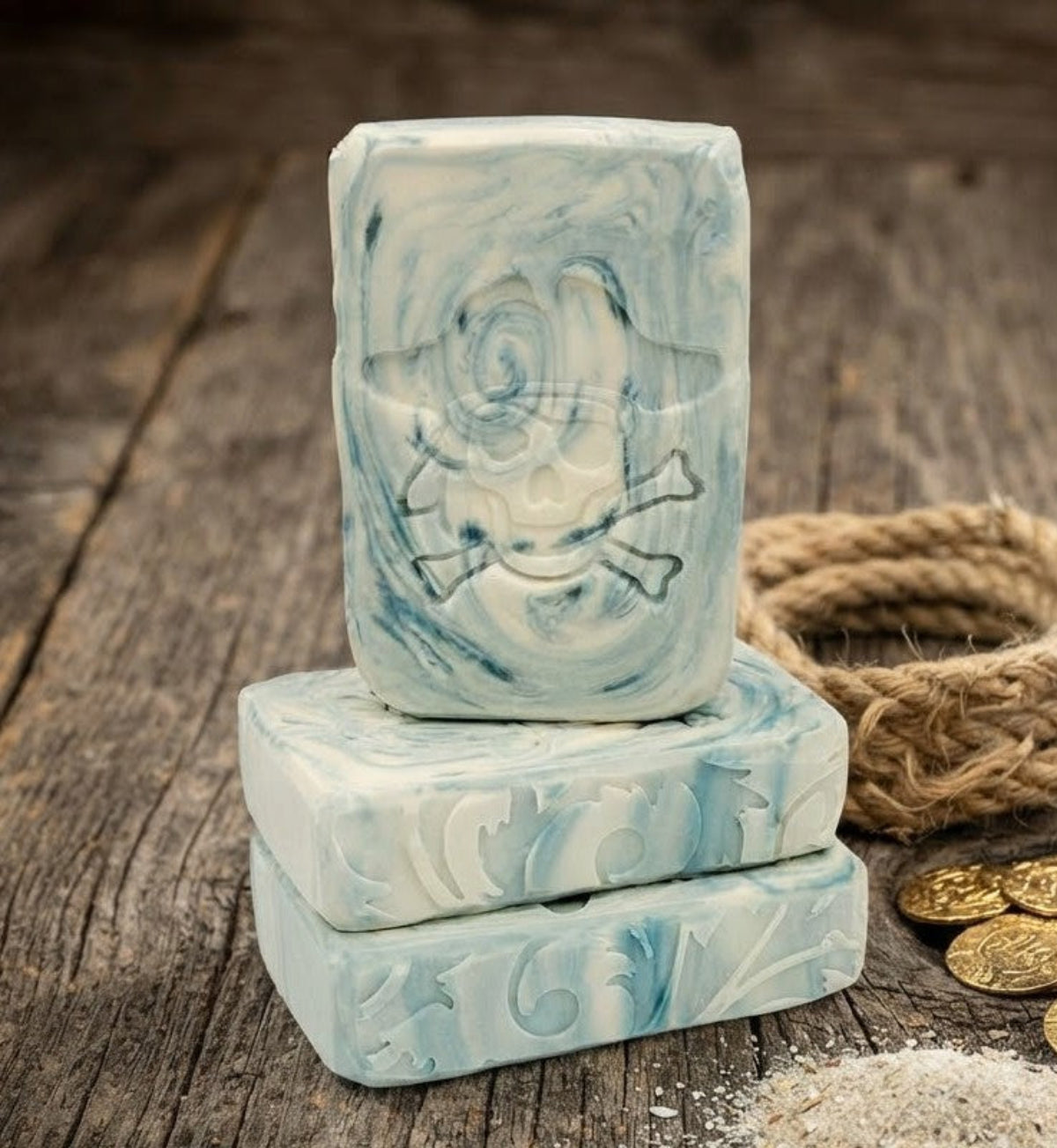 LARGE SOAP STAMP – Pirate Skull Bones Adventure Design creates LARGE, crisp impressions featuring a bold skull and crossbones, perfect for pirate and nautical themed handmade soaps.

