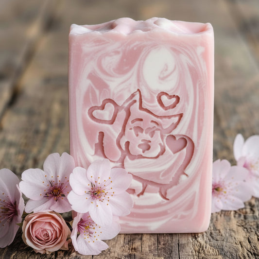 LARGE SOAP STAMP – Puppy Hearts Valentine Design creates LARGE, crisp impressions featuring a puppy holding hearts, perfect for romantic, seasonal, and dog lover handmade soaps.
