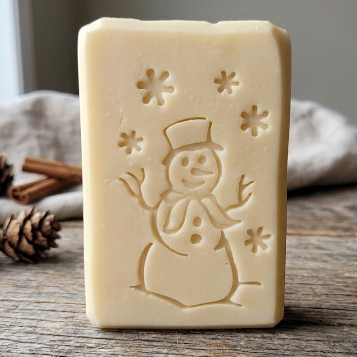 LARGE SOAP STAMP – Snowman Winter Holiday Christmas Design creates crisp whimsical snowman impressions for festive handmade soaps.
