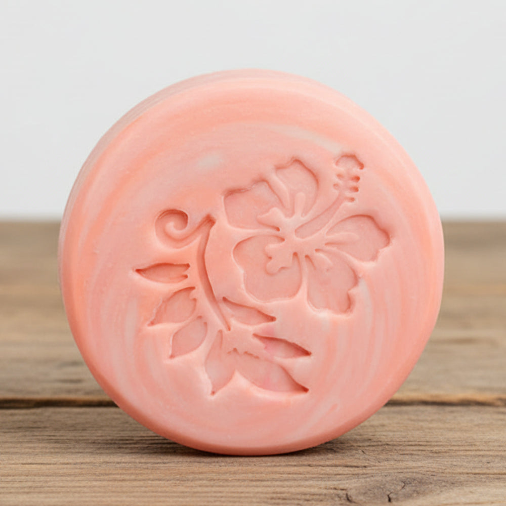 LARGE SOAP STAMP – Tropical Hibiscus Flower Beach Design creates crisp tropical hibiscus impressions for summer and coastal handmade soaps.
