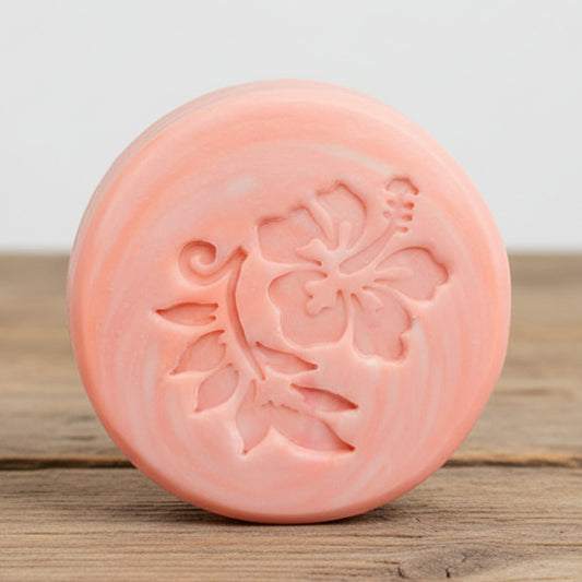 LARGE SOAP STAMP – Tropical Hibiscus Flower Beach Design creates crisp tropical hibiscus impressions for summer and coastal handmade soaps.
