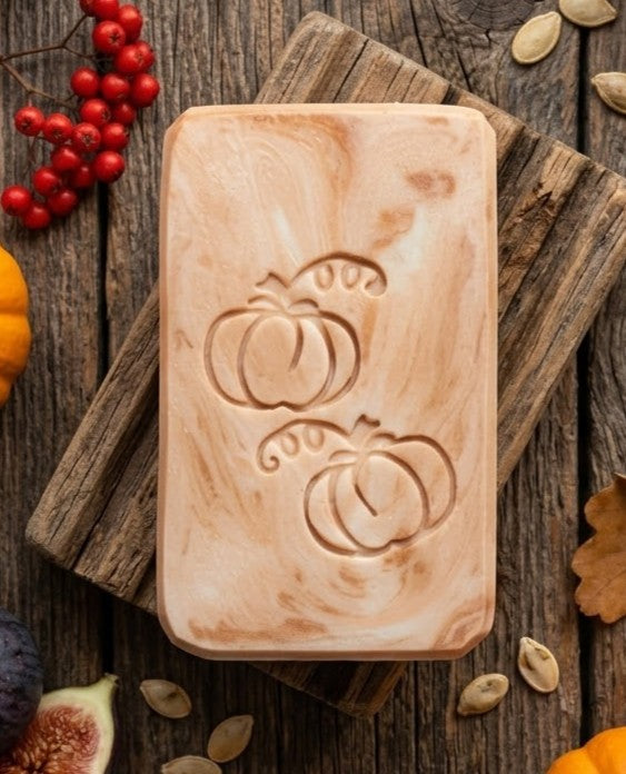 LARGE SOAP STAMP – Two Pumpkins Fall Harvest Design creates LARGE, crisp impressions featuring two pumpkins, perfect for cozy autumn handmade soaps.
