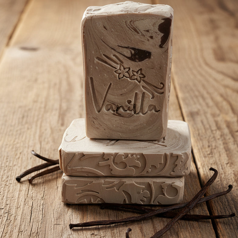 LARGE SOAP STAMP – Vanilla Beans Natural Design creates LARGE, crisp impressions featuring vanilla beans and the word “vanilla,” perfect for natural and scented handmade soaps.
