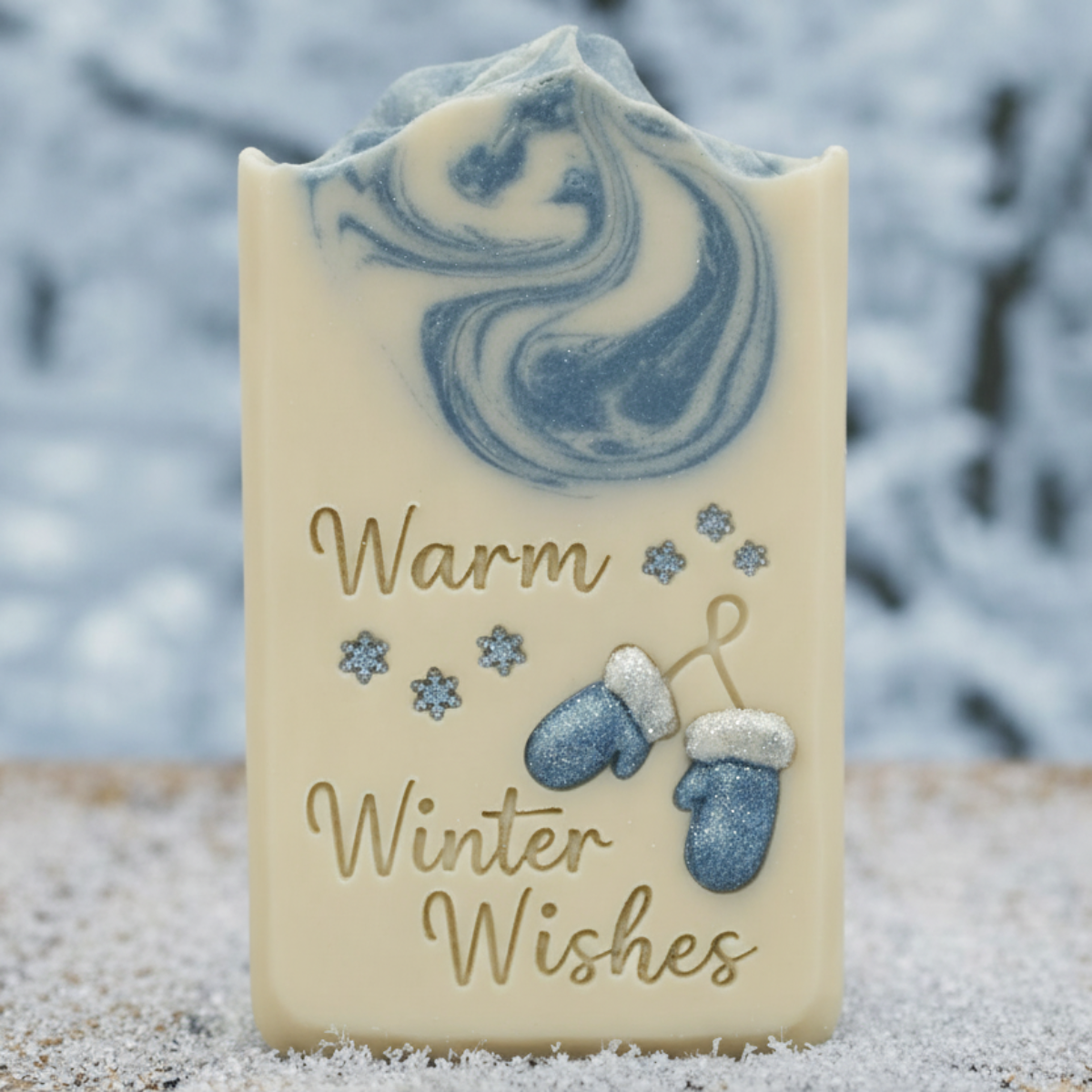LARGE SOAP STAMP – Warm Winter Wishes Christmas Design creates LARGE, crisp impressions featuring a cheerful Christmas greeting, perfect for festive holiday and winter handmade soaps.
