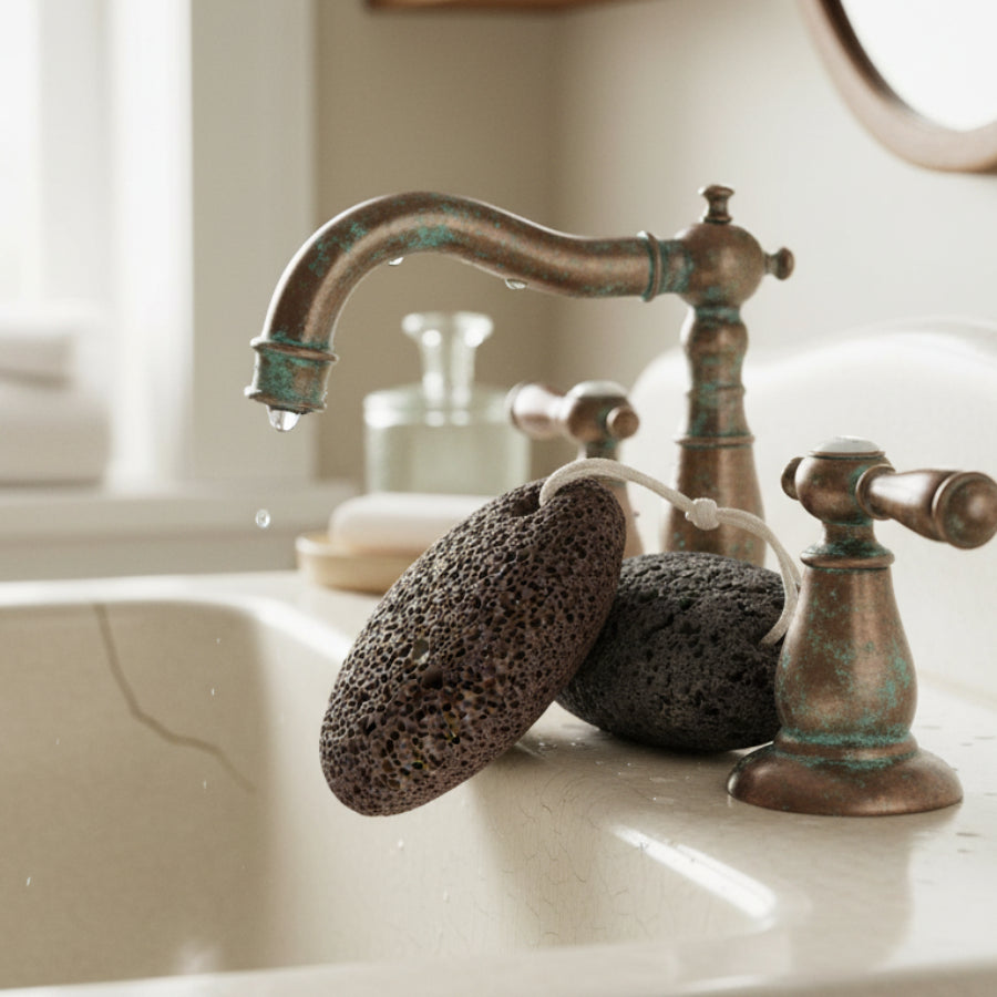 A brown, porous lava stone with a hanging rope centered on an antique, crazed porcelain basin beneath a vintage patina copper gooseneck faucet, captured in bright, natural window lighting with a soft depth of field