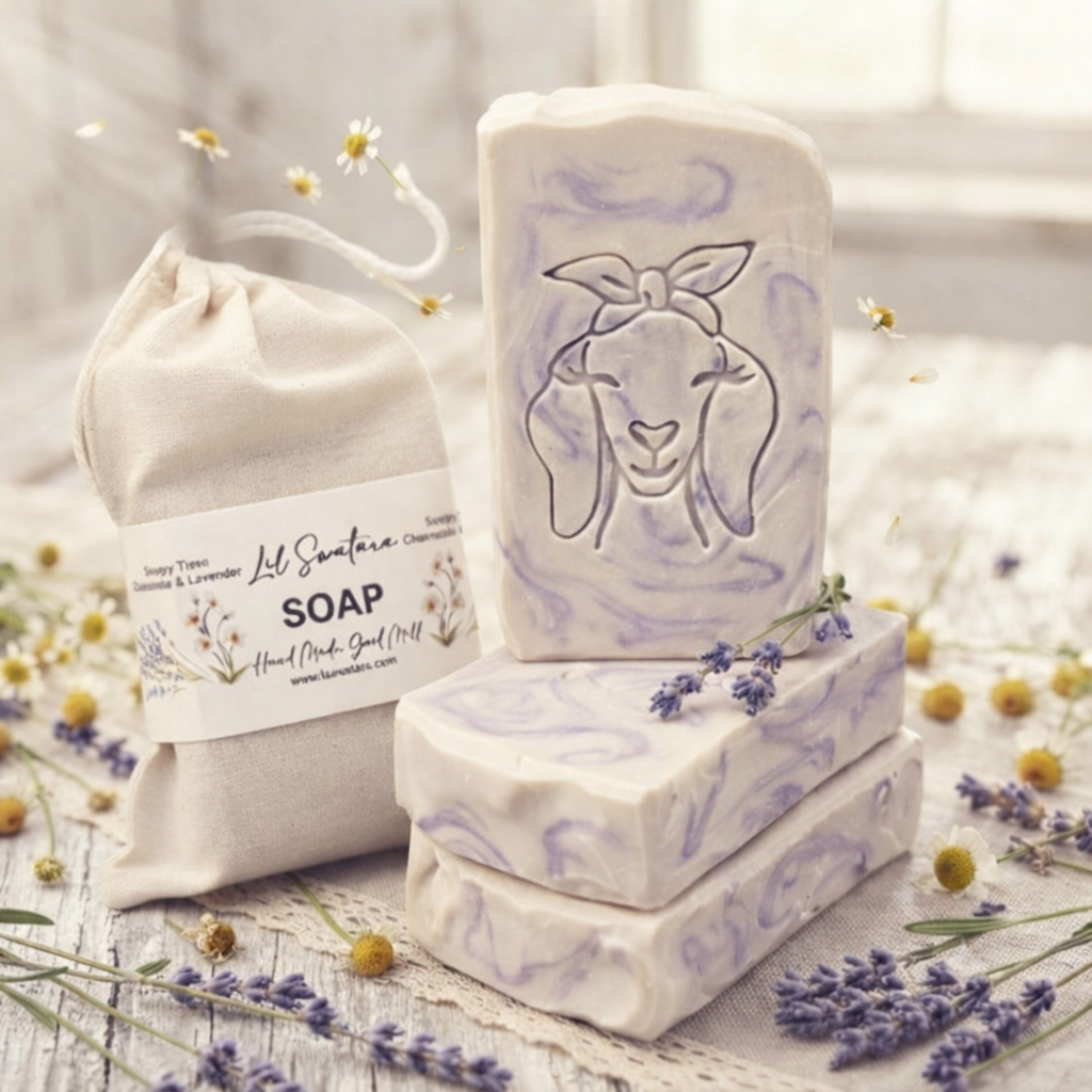 Sleepytime Chamomile & Lavender Goat Milk Soap by Lil Swatara — tall creamy beige and lavender marbled handmade bar with shallow goat head impression, paired with a light muslin drawstring sack labeled “Lil Swatara Handmade Soap.” Fresh lavender sprigs and chamomile flowers rest on rustic wood under soft natural daylight.