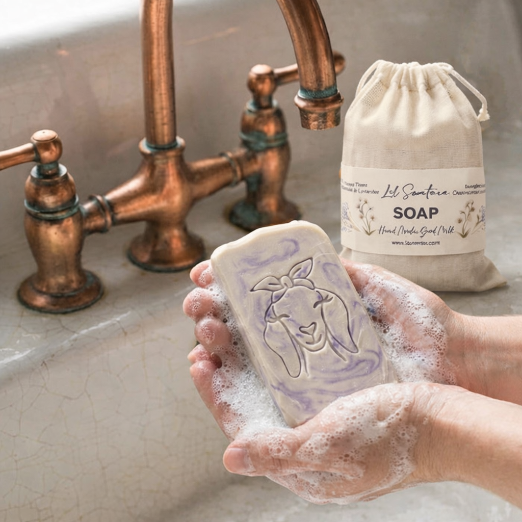 Sleepytime Chamomile & Lavender Goat Milk Soap by Lil Swatara — tall creamy beige and lavender marbled handmade bar with shallow goat head impression, paired with a light muslin drawstring sack labeled “Lil Swatara Handmade Soap.” Fresh lavender sprigs and chamomile flowers rest on rustic wood under soft natural daylight.