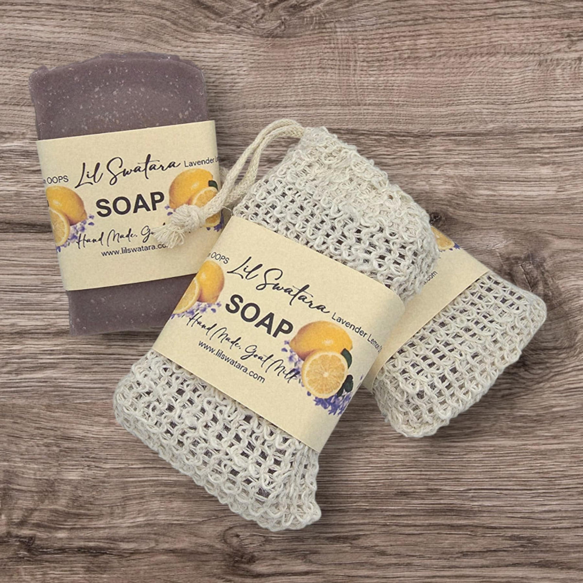 lemon lavender goat milk soap, oops bar comes with sisal sack, from lil swatara soap