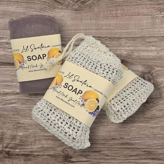 lemon lavender goat milk soap, oops bar comes with sisal sack, from lil swatara soap