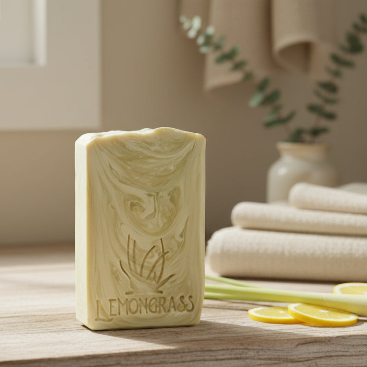 Lemongrass Soap stamp with word and plant, herbal Lil Swatara Soap