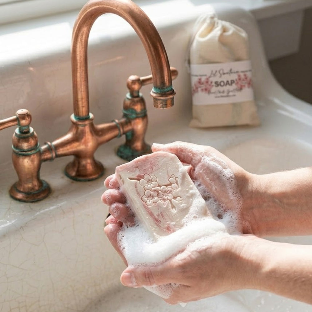 Hands lathering a bar of handmade Lil Swatara Japanese Cherry Blossom goat milk and tallow soap, showing a creamy lather in a vintage copper bathroom sink.