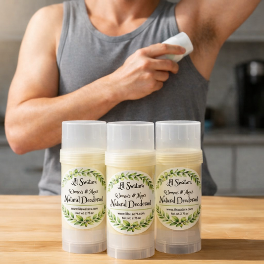 Man in gray muscle shirt applying Lil Swatara Natural Deodorant behind three labeled tubes on wooden counter; aluminum‑free, baking‑soda‑free, handcrafted in Pennsylvania.