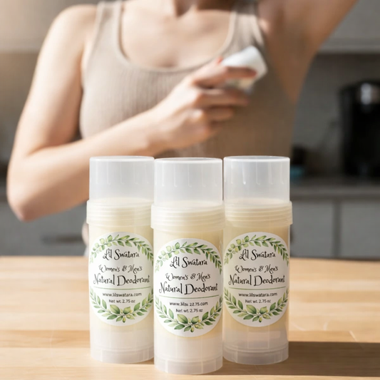 Woman applying Lil Swatara Natural Deodorant on wooden counter with three labeled tubes in foreground; aluminum‑free, baking‑soda‑free, handcrafted in Pennsylvania.