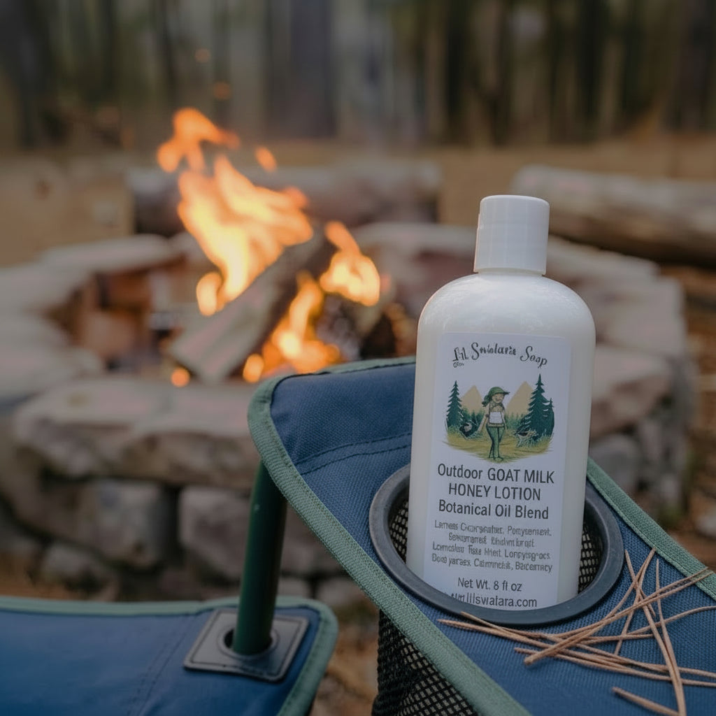 A bottle of Lil Swatara Soap Outdoor Goat Milk Honey Lotion placed in the cup holder of a folding camping chair, with a rustic stone campfire burning in the blurred background at a campsite.