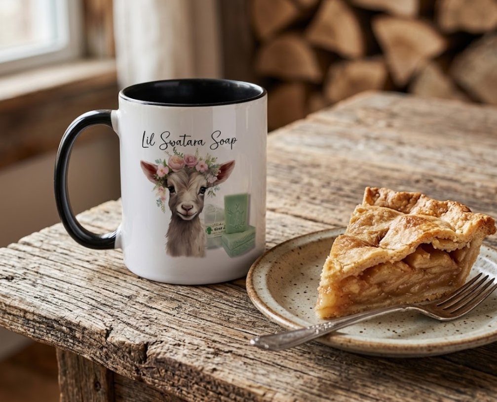 Lil Swatara Goat Mug coffee on a rustic table with a piece of apple pie