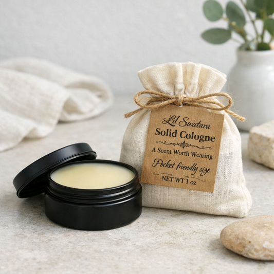 Lil Swatara solid cologne matte black tin and muslin sack with kraft tag on stone countertop beside brass faucet and grooming tools.