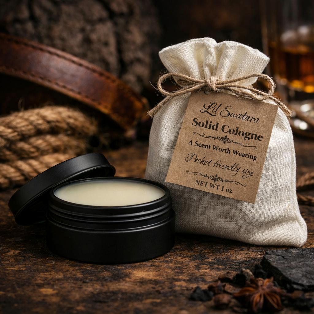 Solid cologne in a black container with a linen bag labeled 'Lil Swatara Solid Cologne' on a rustic background.
