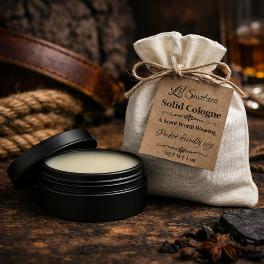Solid cologne in a black container with a linen bag labeled 'Lil Swatara Solid Cologne' on a rustic background.