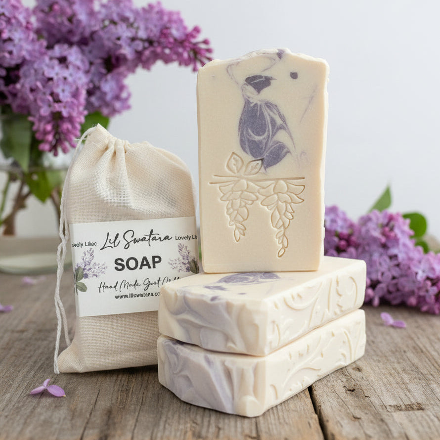 Fresh lilac goat milk soap bar with a creamy lather and soft spring floral scent.
