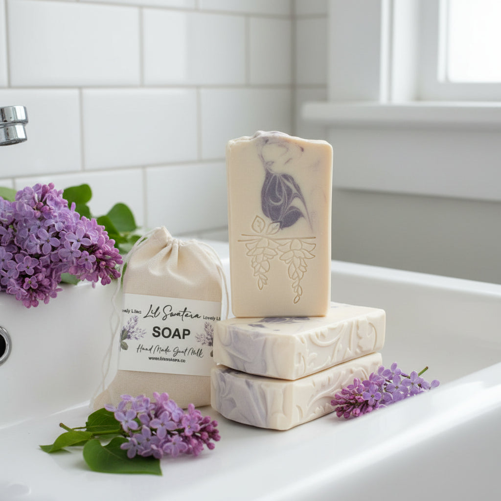 Lilac goat milk tallow soap in the sink with lilac pettals, sensitive skin soap, with beautiful soap stamp impression. 