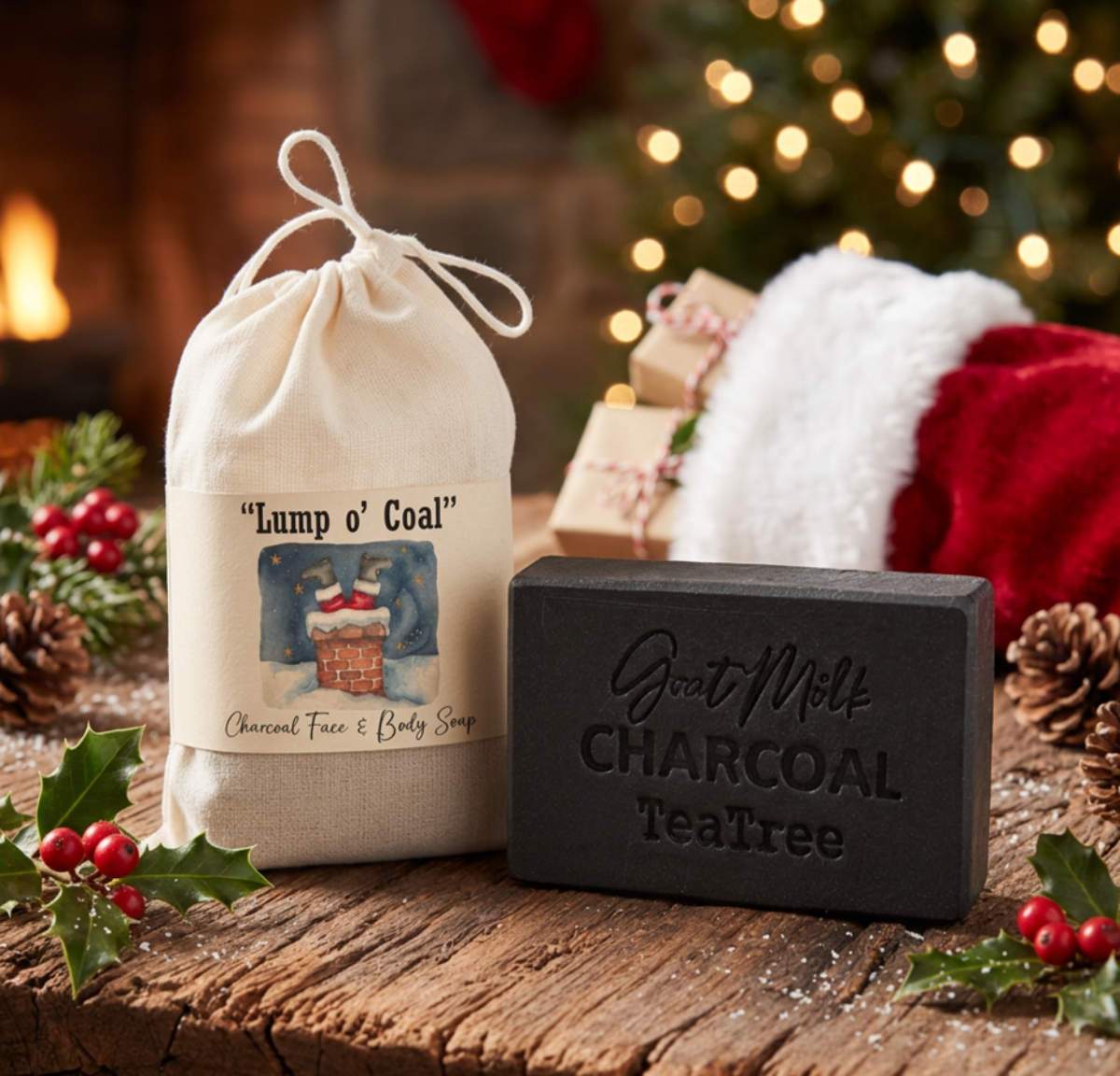 Lump o' Coal charcoal goat milk tallow soap stocking stuffer in a Christmas stocking, gift-ready holiday soap with muslin bag and activated charcoal tea tree soap bar.