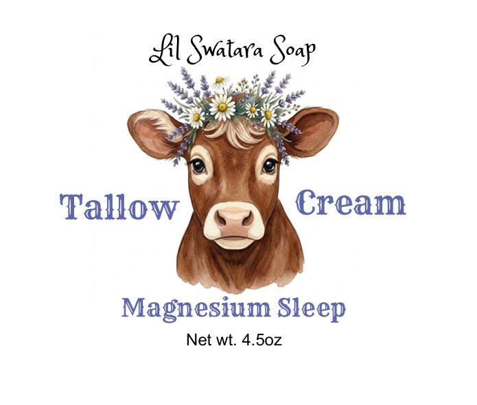 Front label for Magnesium Sleep Tallow Cream featuring cow illustration with lavender floral crown.