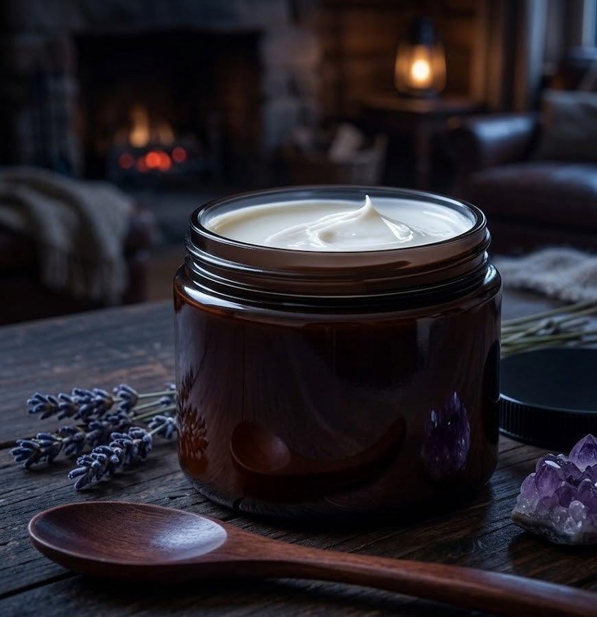 Amber glass jar of Magnesium Sleep Tallow Cream on rustic wood with lavender sprigs and cozy bedroom background.