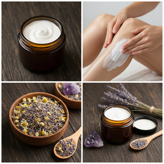Collage of Magnesium Sleep Tallow Cream featuring amber jar with lavender, amethyst crystal, and application on skin for relaxing nighttime skincare.