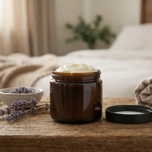 Amber glass jar of Magnesium Sleep Tallow Cream on rustic wood with lavender sprigs and cozy bedroom background.