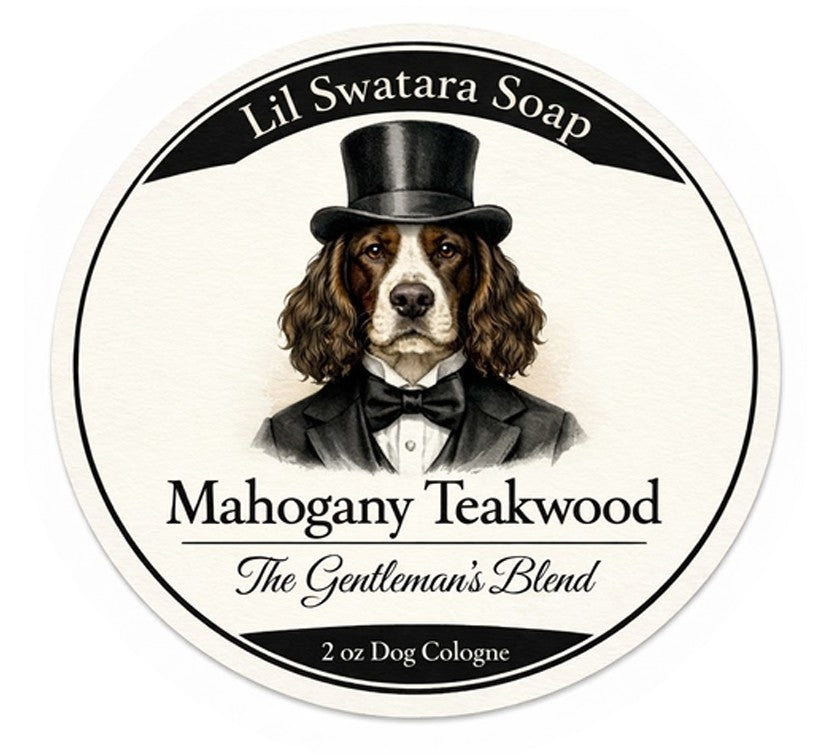 Dog freshening spray label with illustrated dog in vest, Mahogany Teakwood scent, Lil Swatara Soap branding.
